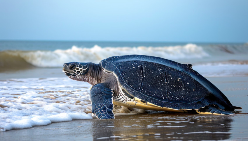 A magnificent leatherback turtle making its way back to the sea post nesting on grande riviere beach A magnificent leatherback turtle making its way back to the sea post nesting on grande riviere beach