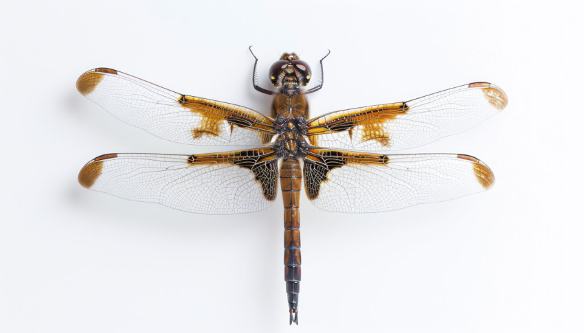 A vibrant dragonfly resting gracefully against a pristine white backdrop A vibrant dragonfly resting gracefully against a pristine white backdrop