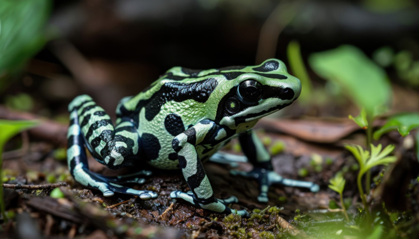 Vibrant green and black poison frog at ease on the forest floor Vibrant green and black poison frog at ease on the forest floor