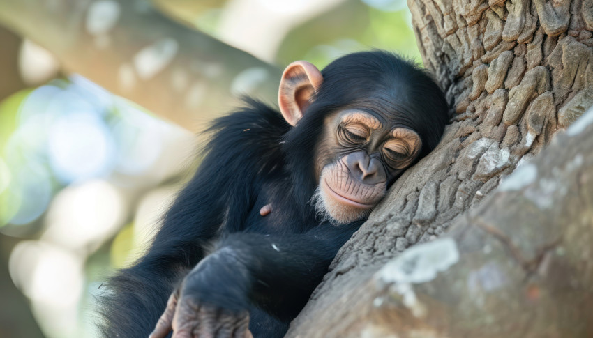 A young chimpanzee rests comfortably in a tree A young chimpanzee rests comfortably in a tree