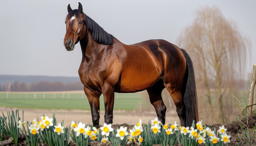 A regal thoroughbred stallion with brown hair poses gracefully in a countryside setting among vibrant daffodils A regal thoroughbred stallion with brown hair poses gracefully in a countryside setting among vibrant daffodils
