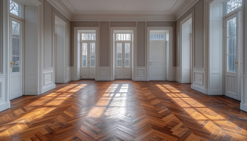 A room with wooden floors and closed doors A room with wooden floors and closed doors