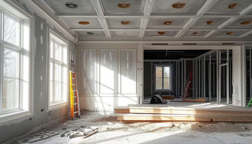 Room under construction installing ceiling and wall panels for a fresh look Room under construction installing ceiling and wall panels for a fresh look