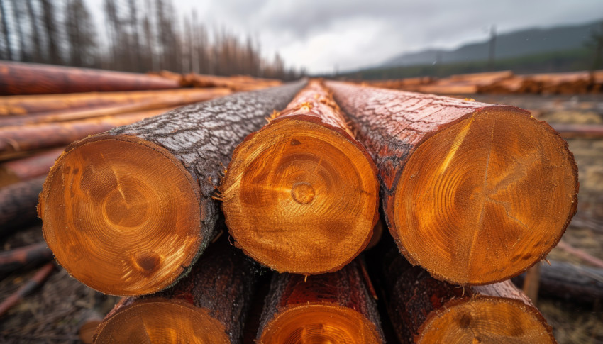 Logs stacked in a field creating a rustic scene of natural beauty and resourcefulness Logs stacked in a field creating a rustic scene of natural beauty and resourcefulness