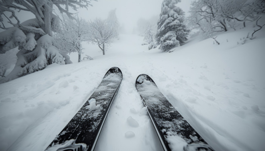 Skis resting in the snow on a hill creating a serene winter scene Skis resting in the snow on a hill creating a serene winter scene