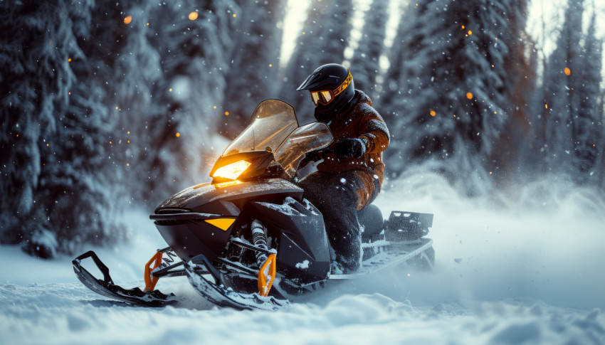 Man rides black snowmobile through snowy landscape enjoying winter adventure Man rides black snowmobile through snowy landscape enjoying winter adventure