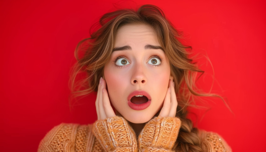Surprised young woman on red background Surprised young woman on red background
