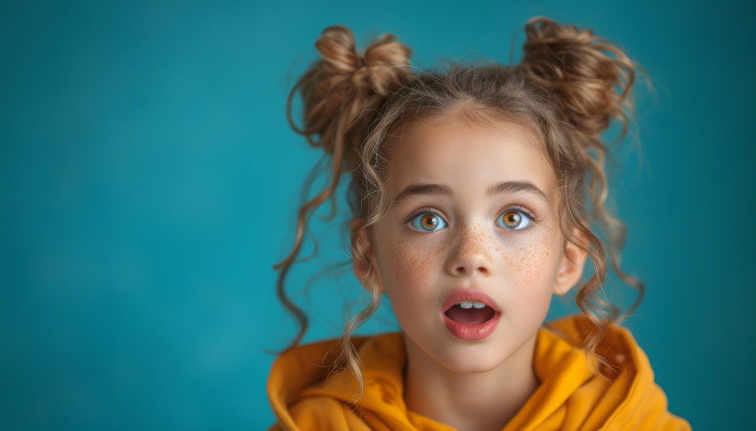 Young girl pleasantly surprised gazing into the vivid blue background Young girl pleasantly surprised gazing into the vivid blue background