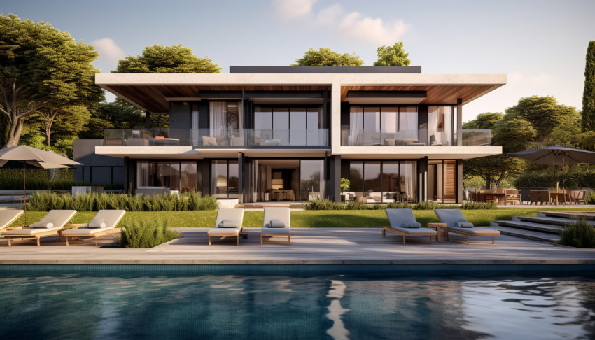 A photo of a luxury residential development with pool, architecture stock photo A photo of a luxury residential development with pool, architecture stock photo