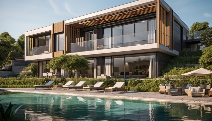 A photo of a luxury residential development with pool, architecture stock photo Get unlimited access to a library of free ai prompts and ai images to help you generate creative ideas.