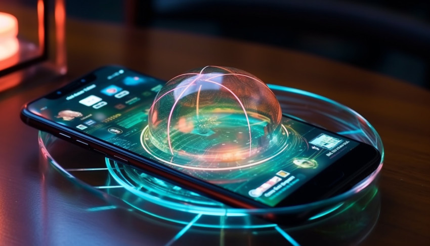 A photo of a phone on the table of the future transparent invisible mobile hologram transparent circle glass ball graph artificial intelligence metaverse and digital technology innovative future data network, finance stock photo Get unlimited access to a library of free ai prompts and ai images to help you generate creative ideas.
