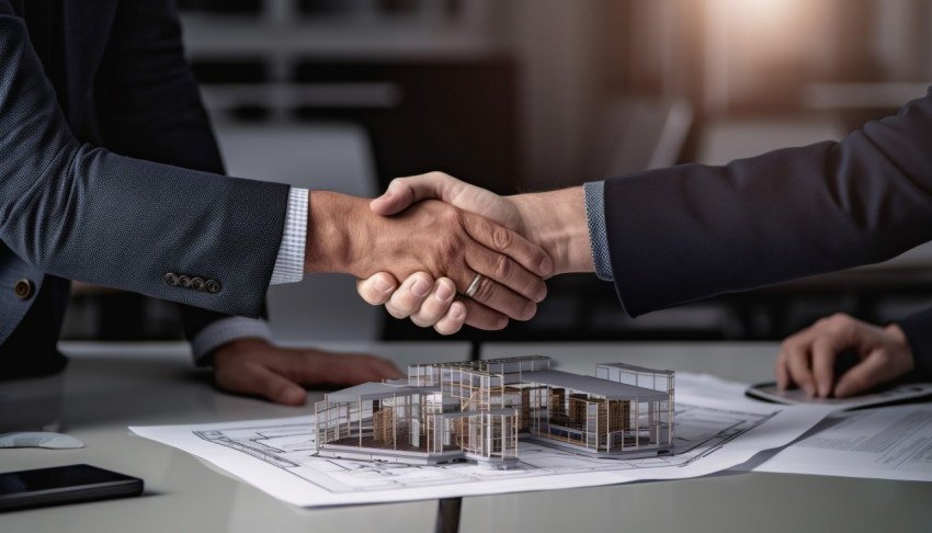 Image shows two architects shaking hands as they close a deal, home loan stock image Image shows two architects shaking hands as they close a deal, home loan stock image