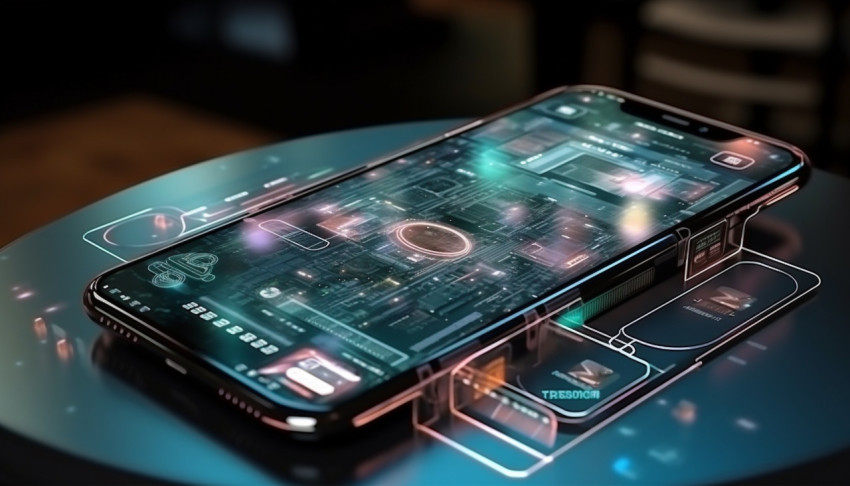 A photo of a phone on the table of the future transparent invisible mobile hologram graph artificial intelligence metaverse and digital technology innovative future data network, finance stock photo Get unlimited access to a library of free ai prompts and ai images to help you generate creative ideas.