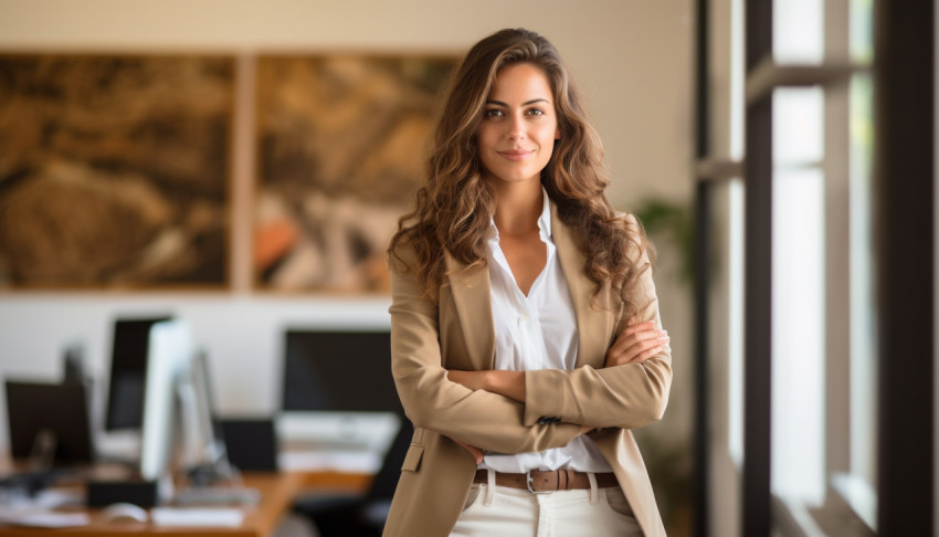 A photo of a successful young businesswoman standing in the office presenting, free ai prompts for hr Get unlimited access to a library of free ai prompts and ai images to help you generate creative ideas.