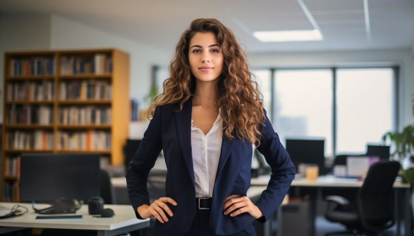 A photo of a successful young businesswoman standing in the office presenting, free ai prompts for hr Get unlimited access to a library of free ai prompts and ai images to help you generate creative ideas.