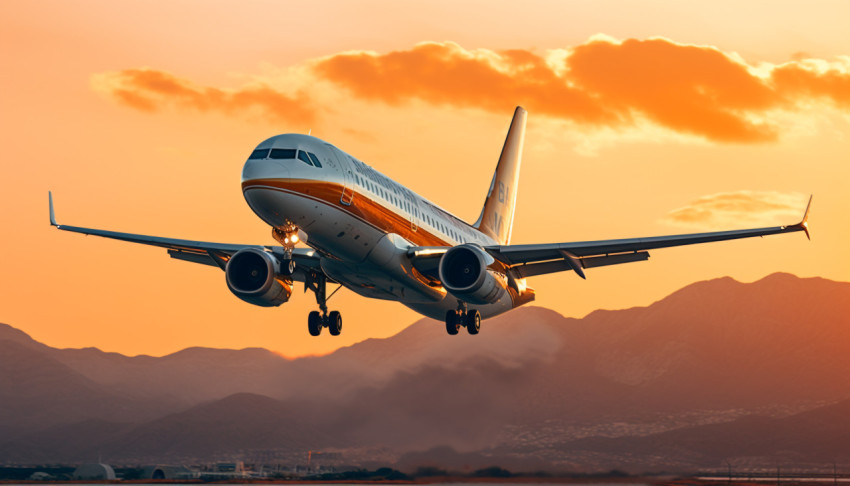 Airplane takes off into golden sunset Airplane takes off into golden sunset, air transportation stock images, ai prompt air transportation, airplane stock images