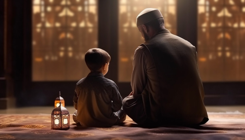 Muslim Man and Child Praying in Back View of Mosque Muslim Man and Child Praying in Back View of Mosque