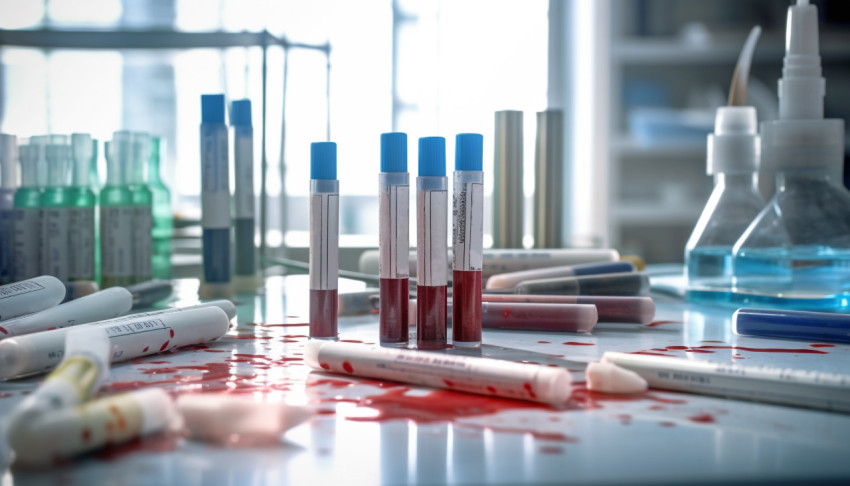 Medical test tubes with blood on desk in laboratory Medical test tubes with blood on desk in laboratory, healthcare stock images, life sciences stock images, ai stock images