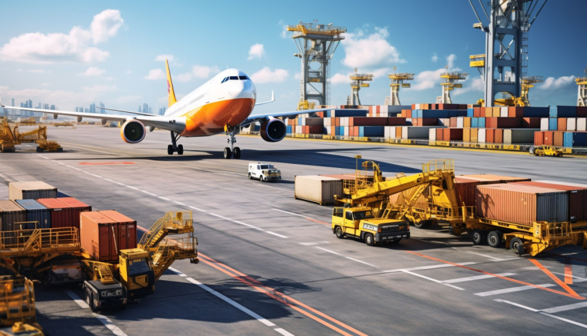 Industrial port and container yard flying airplane Industrial port and container yard flying airplane, air transportation stock images, ai prompt air transportation, airplane stock images