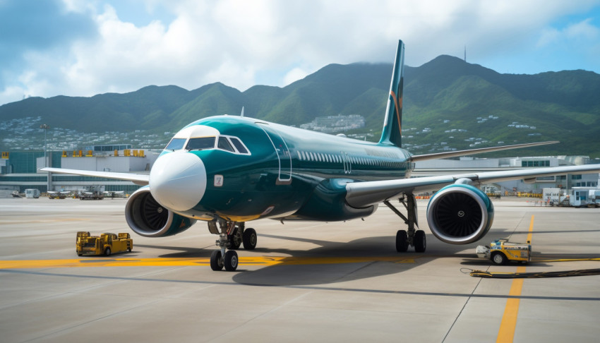 Airplane at hong kong international airport Airplane at hong kong international airport, air transportation stock images, ai prompt air transportation, airplane stock images