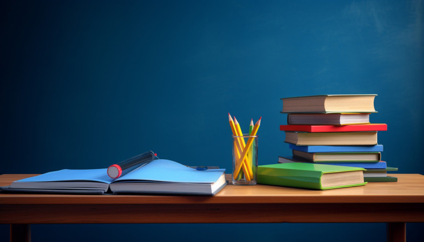 School desk with books on blue background School desk with books on blue background