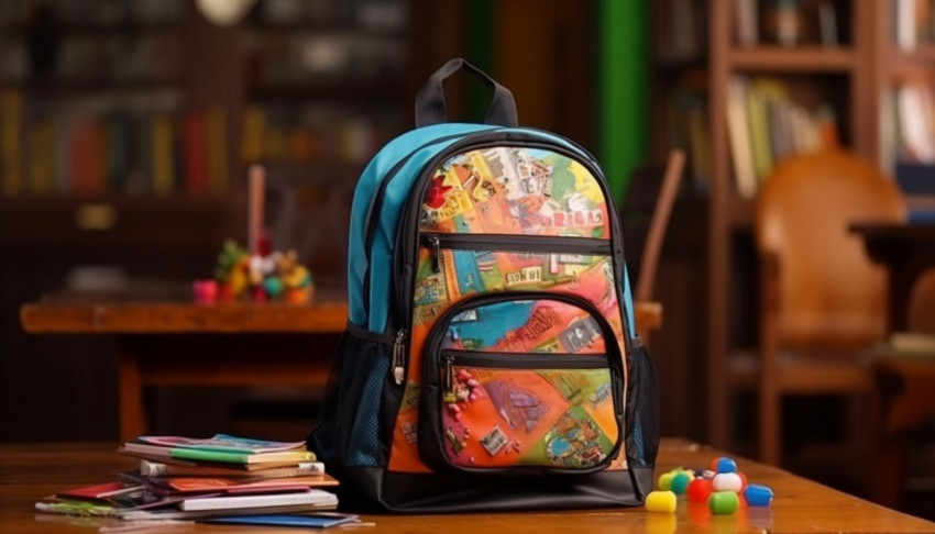 Backpack with different colorful stationery on table. banner des Backpack with different colorful stationery on table. banner des