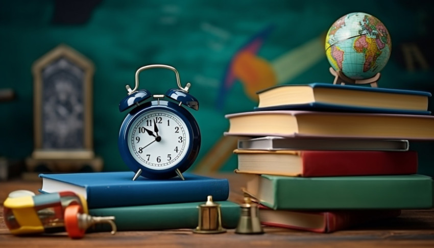 Blue and wood still life with old books and alarm clock Blue and wood still life with old books and alarm clock