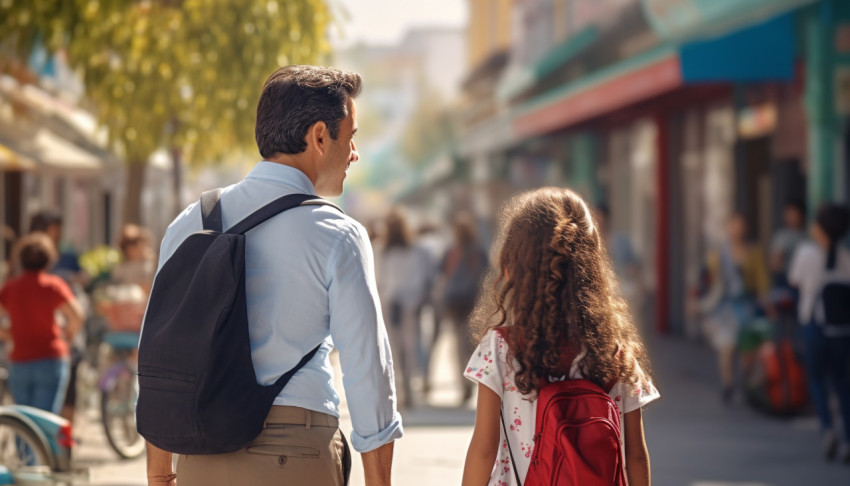 First day at school father leads a little child school girl in f First day at school father leads a little child school girl in f