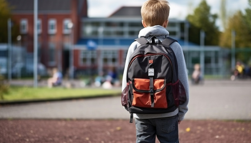 Young boy getting back to school back view Young boy getting back to school back view