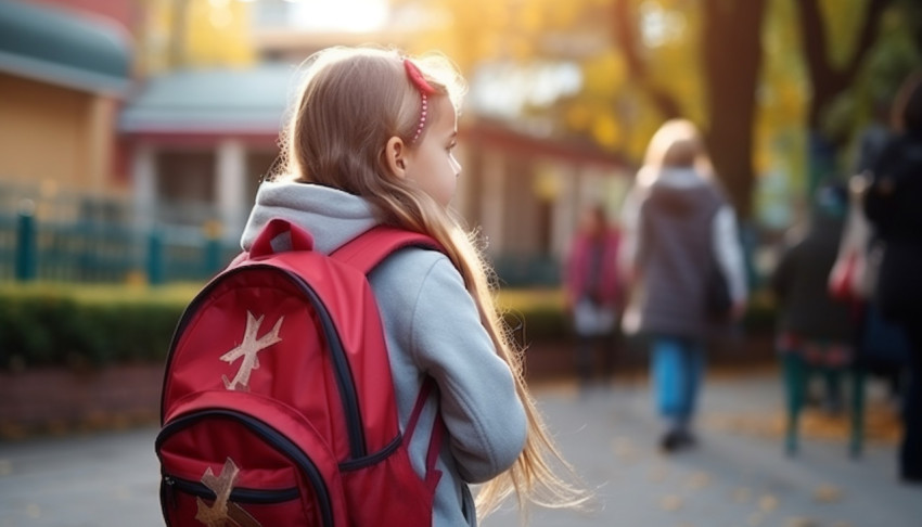 Little girl goes to the elementary school child with a backpack Little girl goes to the elementary school child with a backpack