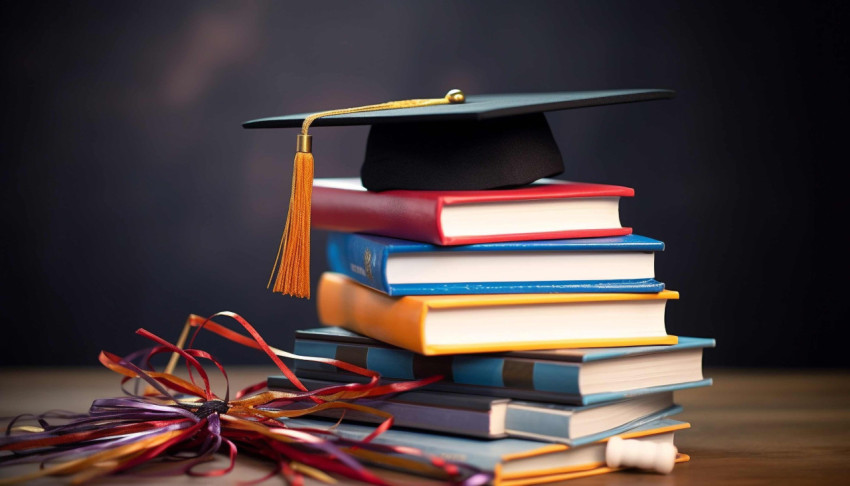 Front view of stacked books a graduation cap and ladders for edu Front view of stacked books a graduation cap and ladders for edu