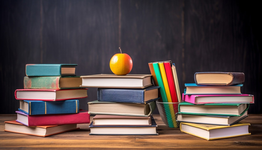 Education and reading concept blackboard group of colorful books Education and reading concept blackboard group of colorful books