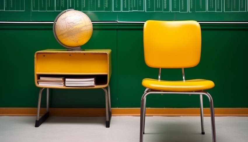 Schoolroom Interior with Yellow Walls and Green Chair Schoolroom Interior with Yellow Walls and Green Chair