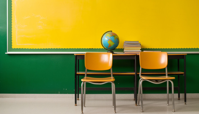 Empty Classroom with Chalkboard and Chair Empty Classroom with Chalkboard and Chair