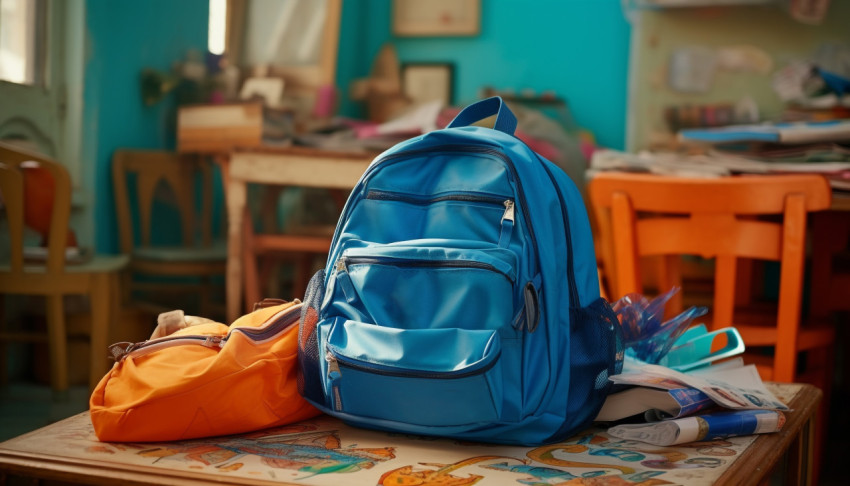 Blue school bag on the table Blue school bag on the table, back to school stock images ai, back to school stock illustrations ai, back to school ai prompts