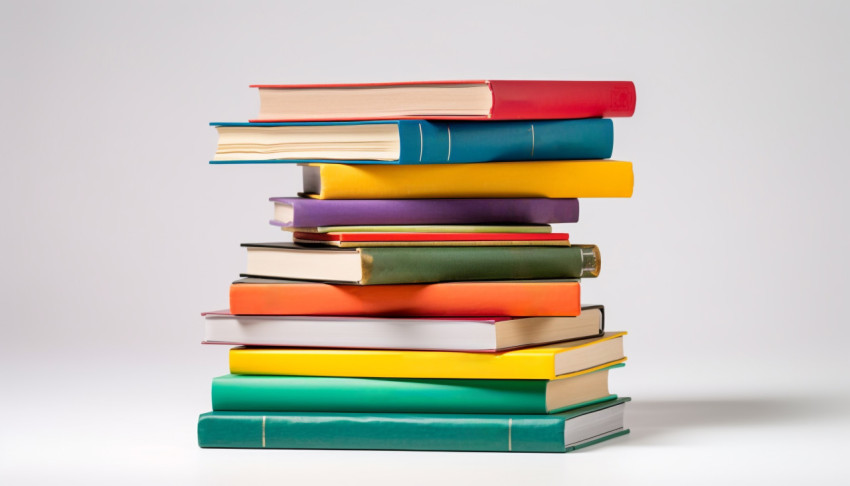 Colorful hardcover books flying on white background stack of boo Colorful hardcover books flying on white background stack of books in colour covers, back to school stock images ai, back to school stock illustrations ai, back to school ai prompts