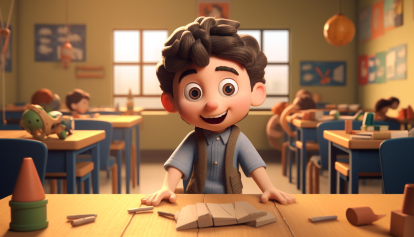Cheerful 3D Cartoon Boy in Classroom Cheerful 3D Cartoon Boy in Classroom