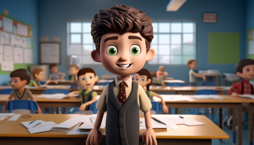 A photo of a 3d cartoon little boy in class A photo of a 3d cartoon little boy in class