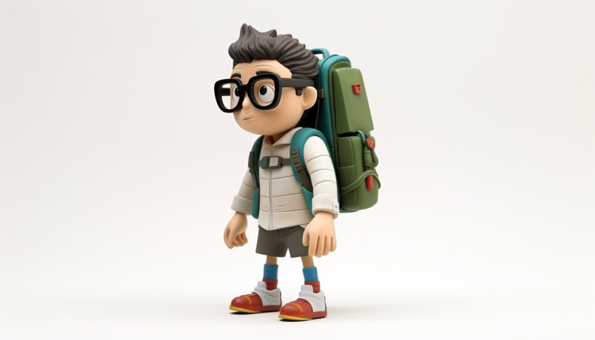 A photo of a character with glasses and a backpack walks A photo of a character with glasses and a backpack walks