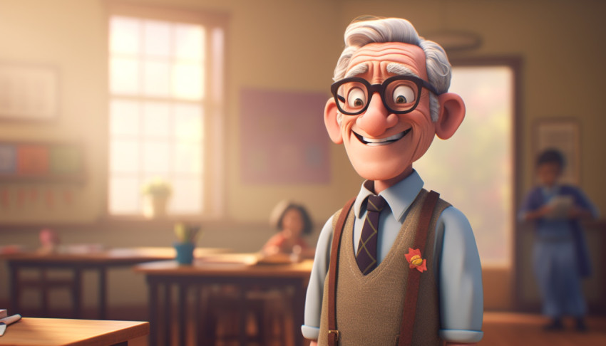 An animated figure standing next to a classroom An animated figure standing next to a classroom, back to school stock images ai, back to school stock illustrations ai, back to school ai prompts