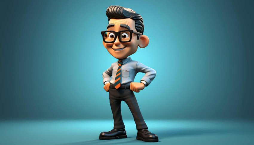 A cartoon character with glasses and a tie that says pixar on it A cartoon character with glasses and a tie that says pixar on it