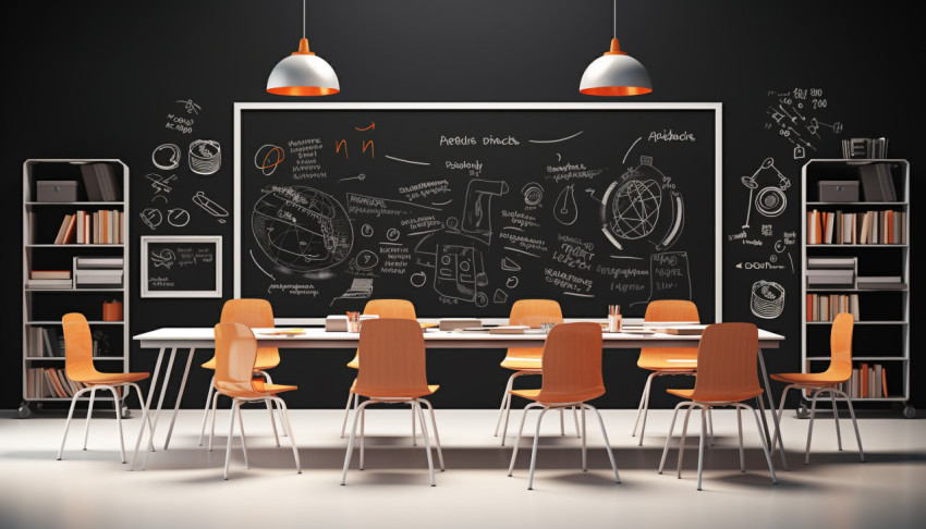 A classroom with a black wall and white tables and chairs A classroom with a black wall and white tables and chairs, back to school stock images ai, back to school stock illustrations ai, back to school ai prompts