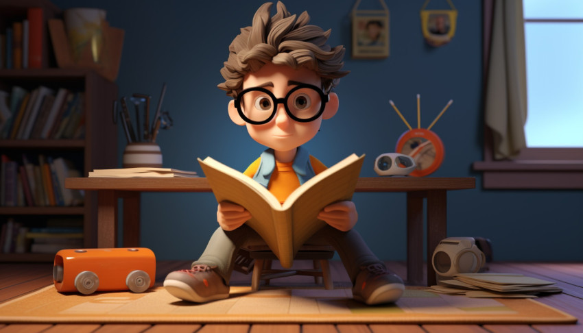 A boy sits at a desk in front of a book A boy sits at a desk in front of a book
