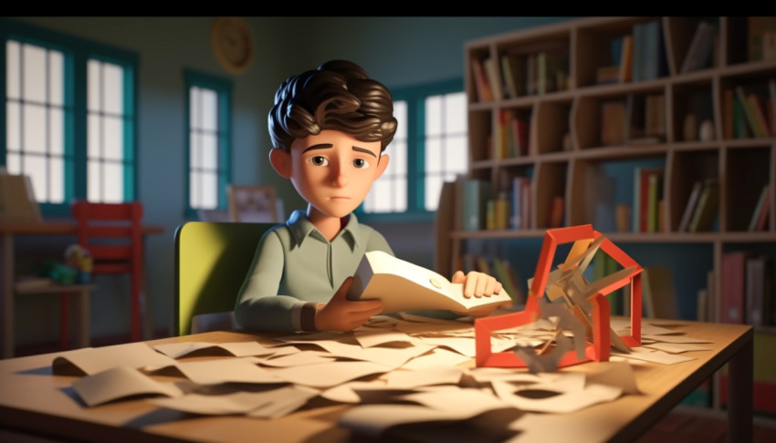 A boy sits at a desk in in class room front of a book A boy sits at a desk in in class room front of a book