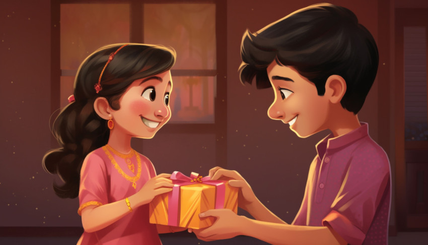 An image of raksha bandhan two kids brother and sister and a present Get unlimited access to a library of free ai prompts and ai images to help you generate creative ideas.