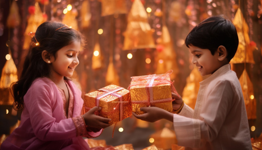 Two young children are holding gifts and are playing, in the style of indian traditions Get unlimited access to a library of free ai prompts and ai images to help you generate creative ideas.