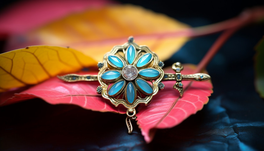 An indian rakhi atop a yellow leaf with blue and green flowers Get unlimited access to a library of free ai prompts and ai images to help you generate creative ideas.