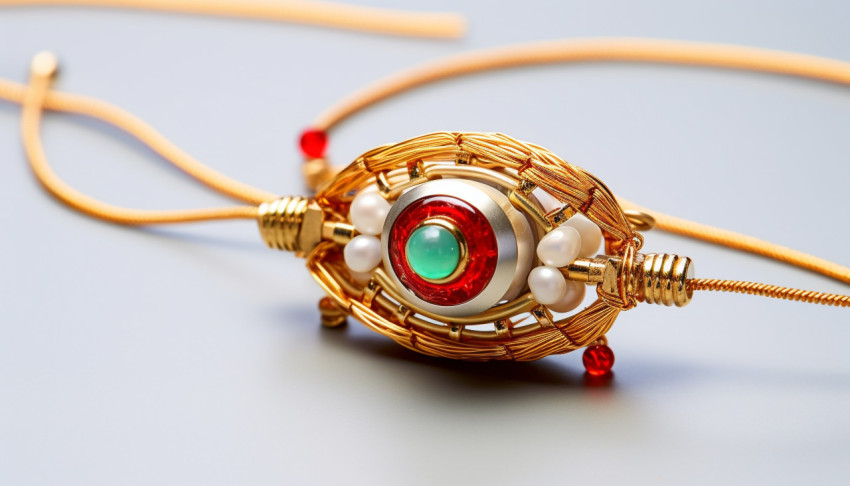 A gold rakhi made with red rakhi and red beads A gold rakhi made with red rakhi and red beads