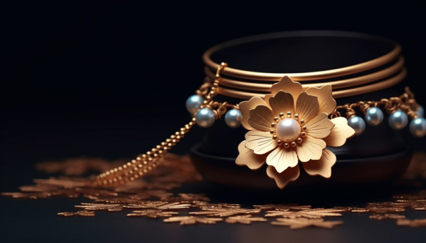 Gold necklace with flower and pearl Gold necklace with flower and pearl, raksha bandhan stock photo, raksha bandhan vector illustration, raksha bandhan ai generator
