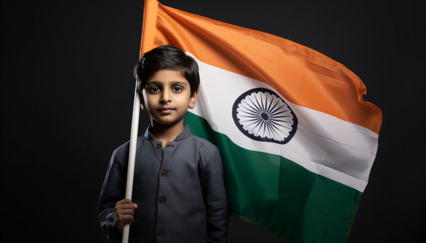 The young boy is holding an indian flag The young boy is holding an indian flag, independence day stock image, independence day ai prompt
